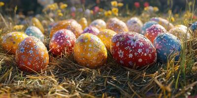 Colorful decorated eggs scattered in a vibrant field during a spring celebration photo