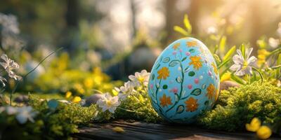 Colorful hand-painted Easter egg surrounded by wildflowers and sunlight in a serene garden setting during springtime photo