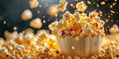 Popcorn bursts from a bowl creating a playful, lively atmosphere during a movie night at home photo