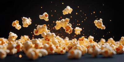 Popcorn bursts into the air amidst a swirl of golden sparks in a dark setting photo