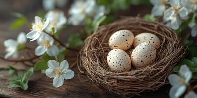 Nest with speckled eggs surrounded by blooming flowers in a rustic setting during springtime photo