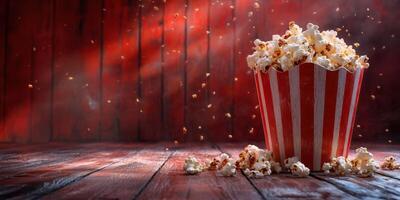 Enjoying fresh popcorn in a cozy theater setting with dramatic lighting and a rustic backdrop photo