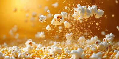 Popcorn kernels bursting into fluffy popcorn against a golden background photo