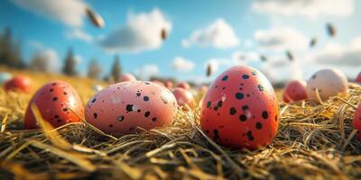 Colorful eggs scattered across a sunlit field surrounded by straw and clouds in the blue sky photo