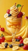 Delicious fruit parfait with bananas, strawberries, and blueberries served in a glass against a vibrant yellow background photo
