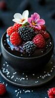 Decadent chocolate dessert topped with fresh berries and edible flowers on a dark background photo