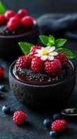 Decadent chocolate dessert topped with fresh raspberries and mint leaves on a dark surface photo