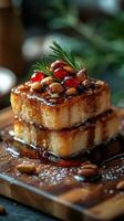 Delicious dessert with syrup and nuts served on a wooden platter in a cozy setting photo