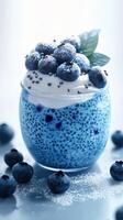Delicious dessert featuring creamy yogurt and fresh blueberries in a stylish glass jar photo