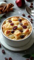 Delicious bread pudding with raisins and spices served in a white dish on a gray background photo