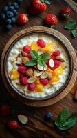Delicious bowl of yogurt topped with fresh fruits and nuts on a wooden table photo