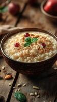 Creamy rice pudding topped with granola, nuts, and berries in a rustic setting photo