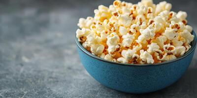 Bowl of freshly popped popcorn on a textured gray surface ready for snacking during movie night photo