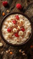Delicious bowl of oatmeal topped with fresh bananas and raspberries on rustic wooden table photo