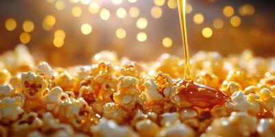 Sweet caramel drizzled over freshly popped popcorn in a cozy setting with warm lights photo