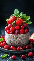 Vibrant bowl of mixed red berries garnished with mint on a dark background photo