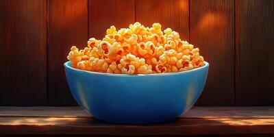 Bowl of freshly popped popcorn placed on a wooden surface, emphasizing a cozy snack moment photo
