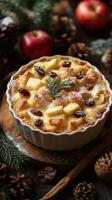 Delicious apple bread pudding with spices and garnishes ready for a festive gathering in a cozy setting photo