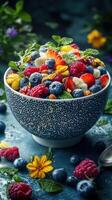 Colorful fruit salad bowl with fresh berries and tropical fruits garnished with mint on a textured surface photo