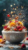 Delicious fruit and nut salad topped with crunchy granola served in a speckled bowl photo