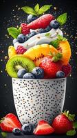 Colorful fruit dessert topped with cream and mint on a dark background showcasing freshness and flavor photo
