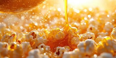 Warm popcorn covered in golden syrup creates a delicious snack experience at a movie night gathering photo