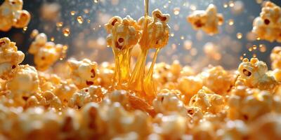 Delicious popcorn being drizzled with caramel in a close-up shot photo