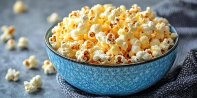 Freshly popped popcorn in a blue bowl on a textured surface ready for movie night photo