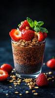 Layers of chocolate parfait with strawberries and granola presented in a glass on a dark background photo