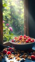 Breakfast bowl filled with berries and granola by a sunny window with flowers outside photo