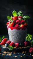 Chia seed pudding topped with fresh berries and mint leaves on a dark background during a food photography session photo