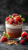 Dessert featuring layers of chocolate mousse, cream, and fresh raspberries served in a glass photo