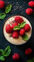 Delicious chia seed pudding topped with fresh raspberries and mint leaves served in a black bowl photo