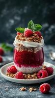 Delicious layered dessert featuring raspberries, granola, and yogurt in a jar on a rustic table photo