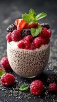 Delicious chia seed pudding topped with fresh berries and mint served on a dark surface photo