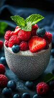 Fresh berries and mint garnish dessert served in a textured bowl on a dark background photo