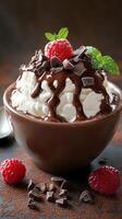 Delicious dessert bowl topped with chocolate sauce, whipped cream, and fresh raspberries photo