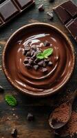 Rich chocolate mousse topped with chocolate chips and fresh mint leaves in a rustic bowl photo