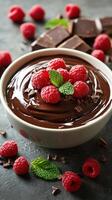 Rich chocolate dessert topped with fresh raspberries and mint leaves in a cozy kitchen setting photo