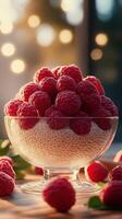 Ripe raspberries arranged elegantly in a glass bowl on a wooden table with a soft, warm background glow photo