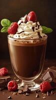 Indulgent chocolate dessert topped with whipped cream and fresh raspberries served in a glass photo