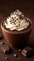 Decadent chocolate dessert with whipped cream and chocolate shavings served in a rustic bowl photo