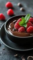 Rich chocolate dessert with fresh raspberries and mint on a dark background photo