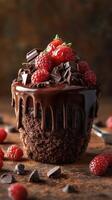 Delicious chocolate cupcake topped with fresh raspberries and chocolate shavings photo