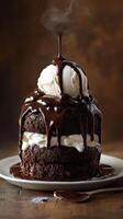 Delicious chocolate cake topped with creamy ice cream and warm sauce served on a rustic plate photo