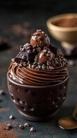 Deliciously crafted chocolate dessert topped with chocolate balls and chips in a cozy setting photo