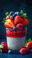 Delicious chia seed pudding layered with fresh berries in a clear glass, showcasing vibrant colors and textures photo