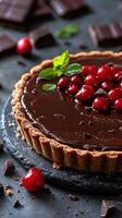Delicious chocolate tart topped with fresh cherries and mint on a dark textured surface photo