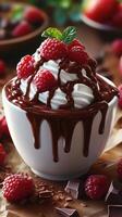 Delicious dessert featuring whipped cream, chocolate, and fresh raspberries in a cozy setting photo