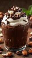 Rich chocolate dessert topped with whipped cream and chocolate shavings in a cozy setting featuring nuts photo